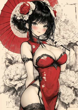 Sexy Anime Girl in Red Cheongsam Dress