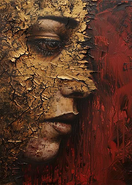 Cracked Portrait in Red and Gold