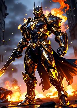 Armored Hero in Burning Cityscape