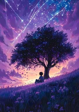 Boy Under a Star-Filled Tree on a Dreamy Hill