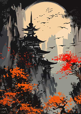 Japanese Pagoda Landscape with Birds