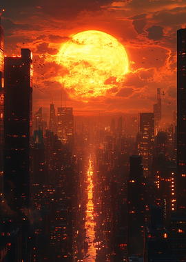 Cyberpunk Cityscape with Giant Sun
