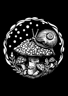 Snail on Mushroom Black and White