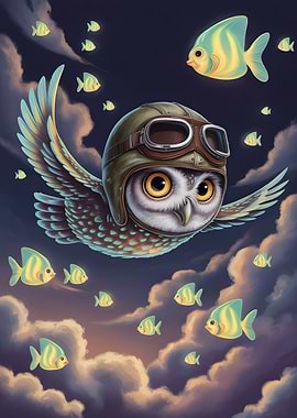 Aviator Owl’s Dream: Night Flight Among Glowing Fish