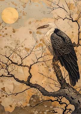 Eagle Perched on Branch with Moon