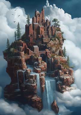 Floating Island Castle with Waterfalls