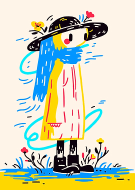 Stylized Figure with Hat and Flowers