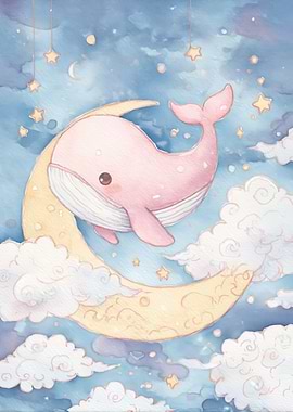 Pink Whale on Moon Watercolor Art