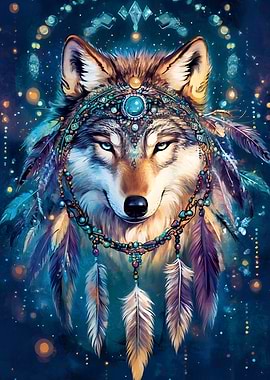 Wolf with Dreamcatcher Headdress