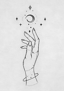 Hand Reaching for Moon and Stars Minimalist Line Art