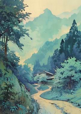 Japanese Landscape with House and Mountains