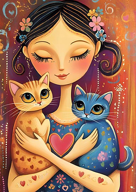 Girl Hugging Cats Whimsical Art