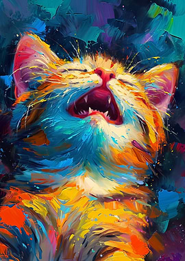Colorful Cat Yawning Painting