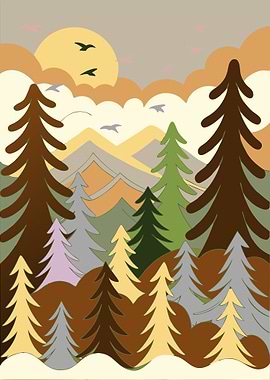 Stylized Forest Landscape with Birds