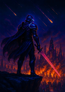 Dark Knight Over Burning City – Epic Fantasy Cyberpunk Art