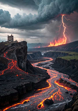 Volcanic Landscape with Castle and Lightning