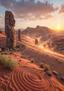 Moai Statues in Desert Landscape