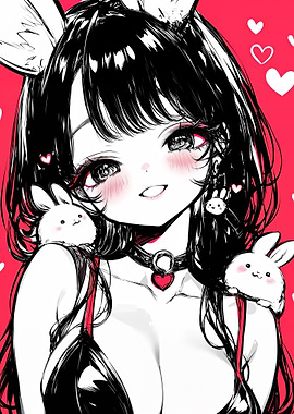 Cute Anime Bunny Girl with Heart Collar and Rabbits