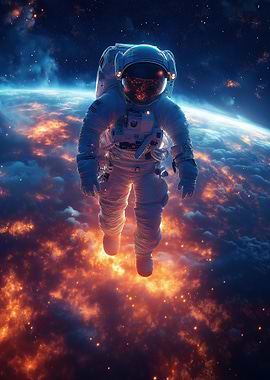 Astronaut in Space with Fiery Planet