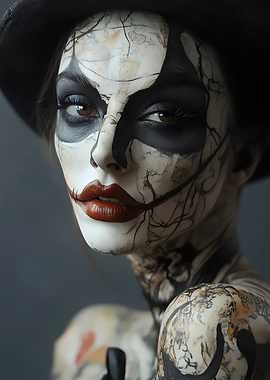 Woman with painted face and hat