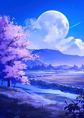Blue Landscape with Cherry Blossom Tree