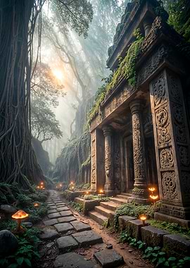 Ancient Temple in Misty Forest