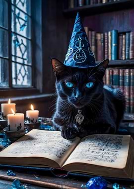 Black Cat Wizard with Spellbook