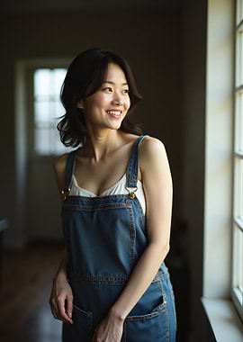 Smiling Woman in Denim Overalls