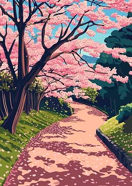 Cherry Blossom Path Kyoto Japan Park Scenery Nature Minimalist Art Illustration