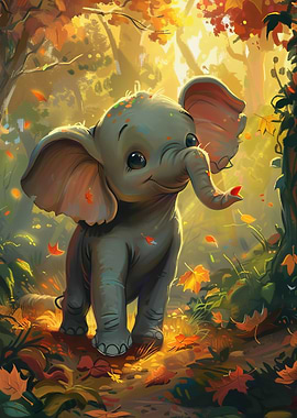Cute Elephant in Autumn Forest