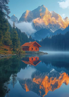 Cabin by the Lake Reflection