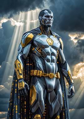 Futuristic Superhero with Cape and Armor