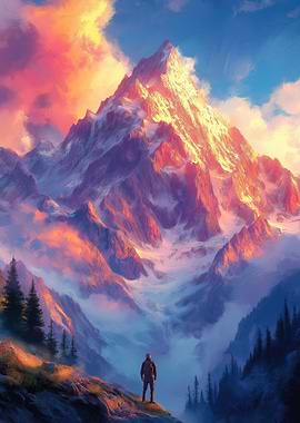Mountain Peak at Sunset with Hiker
