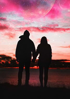Couple Silhouette Holding Hands at Sunset