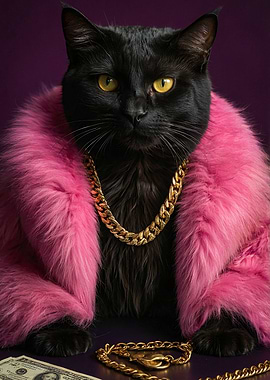 Black Cat with Pink Fur Coat