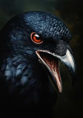 Detailed Raven Portrait with Open Beak