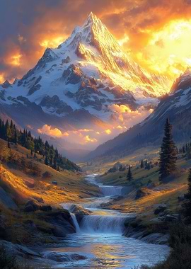 Snowy Mountain Peak with Golden Light