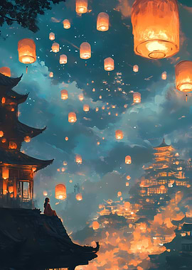 Watching Lanterns Above an Asian City at Night
