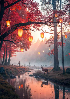 Autumnal Forest with Lanterns and Deer