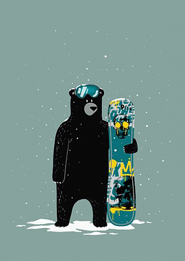 Bear with Snowboard in Winter Scene