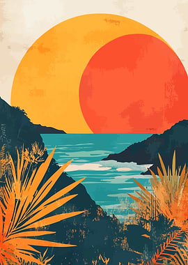 Sunrise over Ocean Minimalist Nature Art Digital Illustration