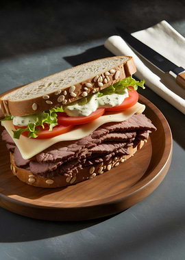 Roast Beef Sandwich on Wooden Plate