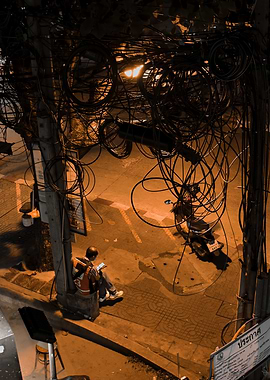 Scooter break - urban street scene with tangled wires