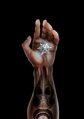 Hand holding snowflake with skull tattoo