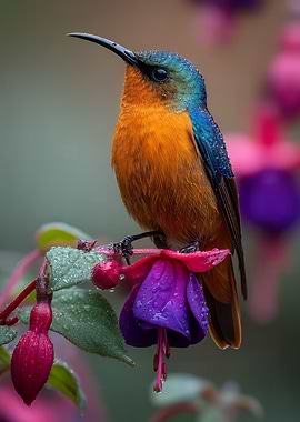Colorful Bird on Fuchsia Flower