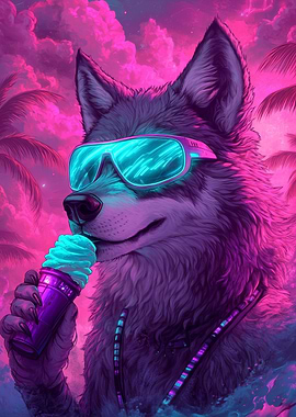 Wolf with Ice Cream and Sunglasses | futuristic Wolf with Ice Cream