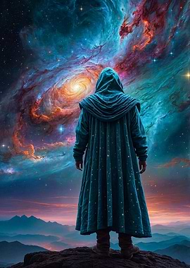 Hooded Figure Gazing at Nebula