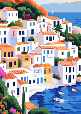 Orange and White European Village Abstract Pattern Art Minimalist Illustration