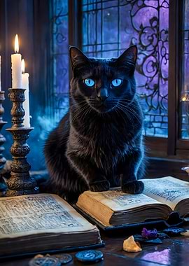 Black Cat with Spell Books