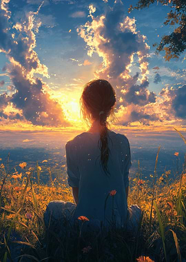 Girl watching sunset in flower field